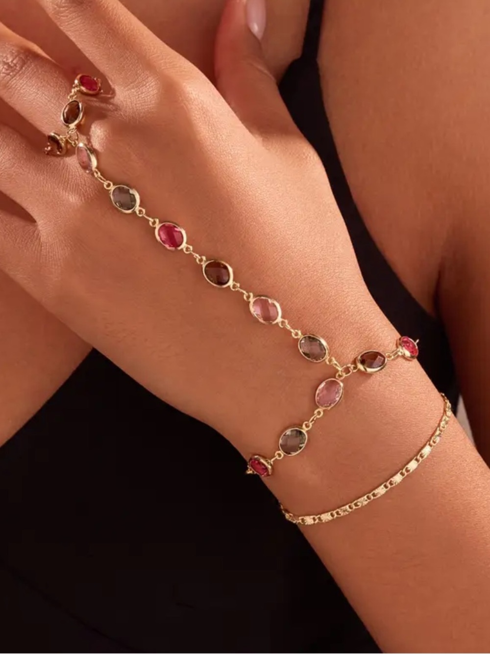 Gold Link Bracelet with Multicolor Gemstones - Women Jewelry